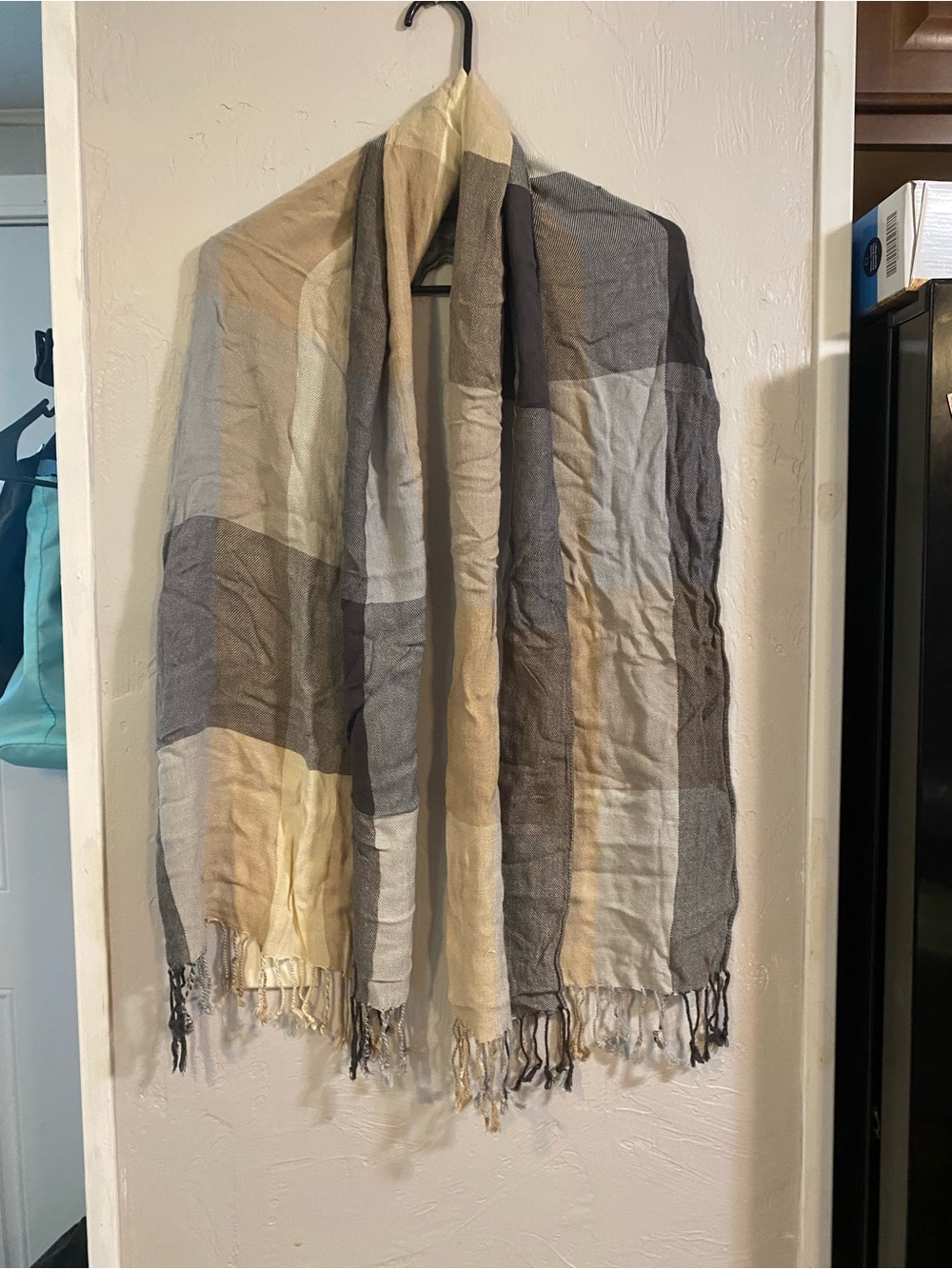 Source Unknown Neutral Plaid Fringe Scarf in Tan, Gray, Cream